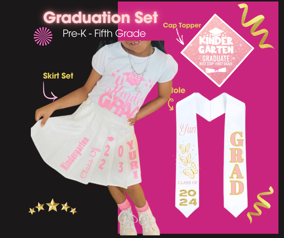 Customized Kindergarten skirt set 2024 | PreK |5TH Grade | grad stole | Cap Topper