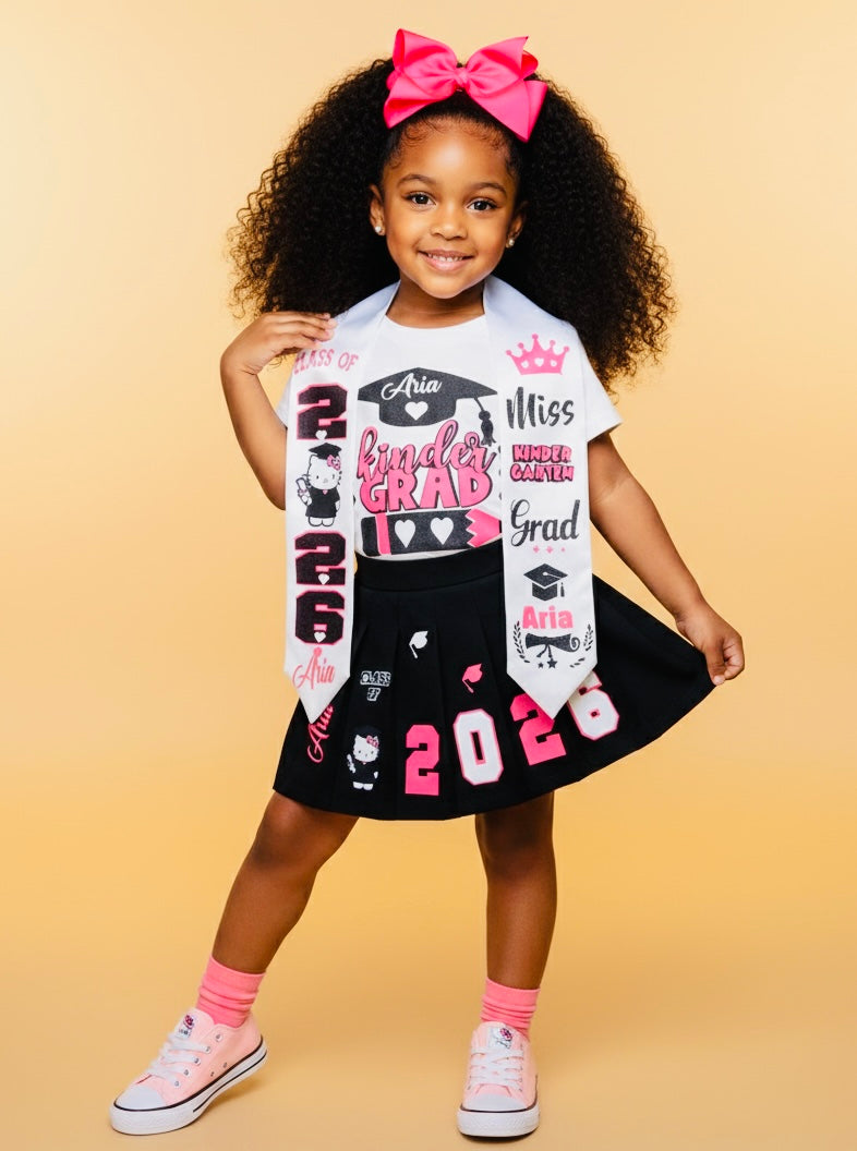 Customized Kindergarten skirt set 2026| PreK |5TH Grade | grad stole | Cap Topper