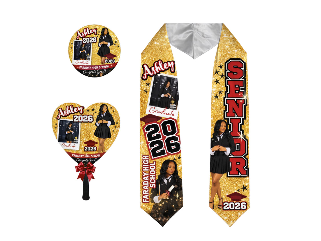 Custom Graduation Bundle | Class of 2026 | Shirt + Stole + 5 Fans + 5 Buttons | Personalized Photo